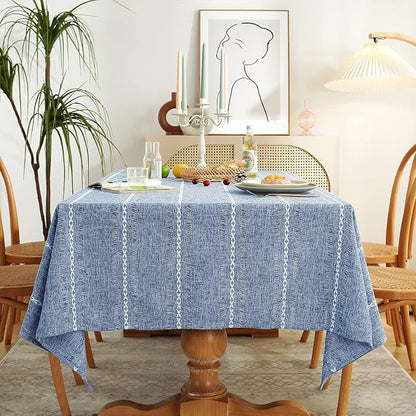 Chassic 60 x 104 inches Farmhouse Style Linen tablecloths, Wrinkle Resistant Washable Dining Room Table Cloths for 6 Foot Rectangle Tables - Hemstitch Blue