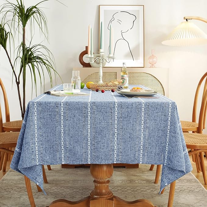 Chassic Rectangle Tablecloth 54 x 72 Inch, Farmhouse Boho Linen Table Cloths, Wrinkle Free & Washable Tablecloths for Small Dining Tables, Summer Kitchen Decor – Hemstitch Blue