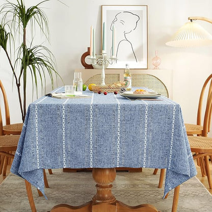 Chassic Rectangle Tablecloth 54 x 72 Inch, Farmhouse Boho Linen Table Cloths, Wrinkle Free & Washable Tablecloths for Small Dining Tables, Summer Kitchen Decor – Hemstitch Blue
