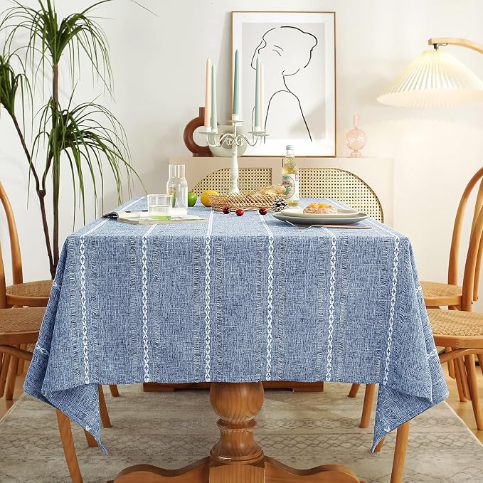Chassic Rectangle Tablecloth 60 x 120 Inch, Farmhouse Boho Linen Table Cloths, Wrinkle Free & Washable Tablecloths for Dining Tables, Summer Kitchen Decor – Hemstitch Blue