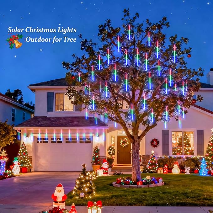 JMEXSUSS Solar Meteor Shower Rain Lights, 8 Tube 144 LEDs Multicolor Solar Christmas Lights, Led Falling Rain Christmas Light for Xmas Tree Wedding Holiday Party Patio Decoration