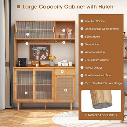 Giantex Pantry Cabinet, 69" Bamboo Hutch Cabinet with Storage, Drawer, Microwave Countertop, Glass Holder, Freestanding Buffet Sideboard with Rattan Door, Tall Cupboard for Kitchen Coffee Bar