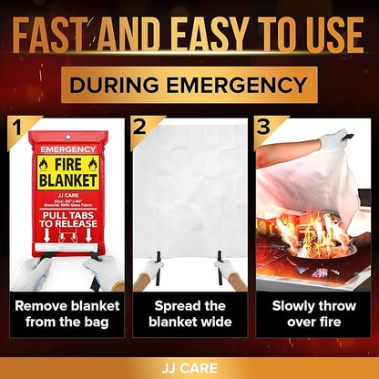 JJ CARE Fire Blanket – 10 Packs with Hooks and Gloves – 40” x 40” Fire Blankets Emergency for Home and Kitchen, High Heat Resistant and Flame Protection for Kitchen, Car, Office, Camping & Home Safety
