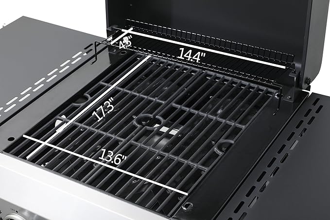 2-Burner Propane Gas BBQ Grill, SS Plancha, 24600BTU Output With Wire Enamel Cooking Grids For Outdoor Barbecue, Foldable Side Table, Hanging Basket, Stainless Steel