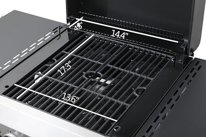 2-Burner Propane Gas BBQ Grill, SS Plancha, 24600BTU Output With Wire Enamel Cooking Grids For Outdoor Barbecue, Foldable Side Table, Hanging Basket, Stainless Steel