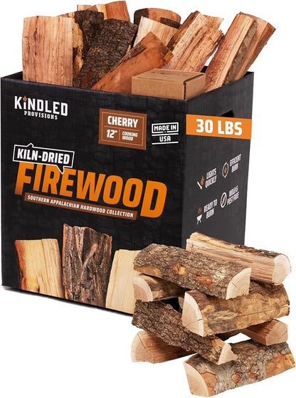 Cherry Cooking Wood Box by Kindled Provisions - 30lbs 12" Kiln Dried Smoking & Grilling - Sweet & Fruity Wood Chunks for Smokers - Premium Southern Appalachian Hardwood - Vegetables Pork Steak Chicken
