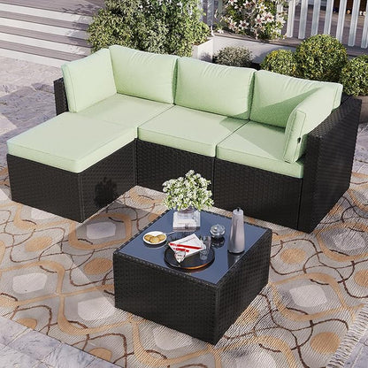 Aoxun Patio Furniture Set 5-Piece, Outdoor Sectional Sofas with Washable Cushion, Wicker Rattan Patio Conversation Sets for Backyard Porch and Poolside, Mint Green