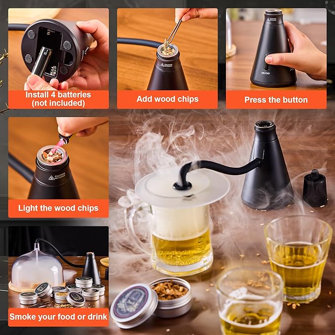 Elegant Cocktail Smoker Kit - Complete Whiskey Drink Smoking Gun with 8 Flavors of Wood Chips, Dome, and Accessories, Adds Flavor to Food and Drinks, Infuser Kit for Indoor Outdoor Use