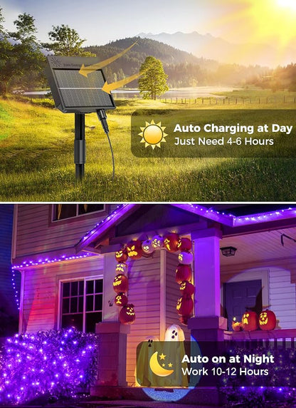Minetom Solar Halloween Lights Outdoor, 40FT 100 LED Halloween String Light | Halloween Decoration Outdoor with 8 Modes, Black Wire, Waterproof Solar String Lights for Outside Tree Yard Party, Purple