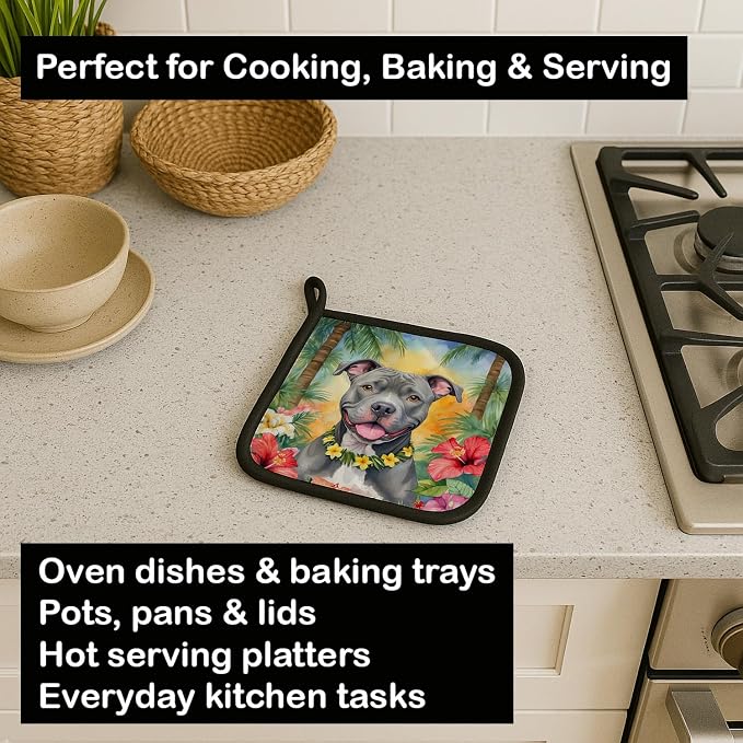Caroline's Treasures Pit Bull Terrier Luau Pair of Pot Holders Kitchen Heat Resistant Pot Holders Sets Oven Hot Pads for Cooking Baking BBQ, 7 1/2 x 7 1/2