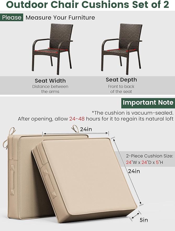 Outdoor Chair Cushion 24 x 24 x 5 Inches Patio Furniture Outdoor Waterproof Seat Cushion, Patio Chair Cushion with Handles and Ties, Square Dining Chair Cushion Set of 4, Sand