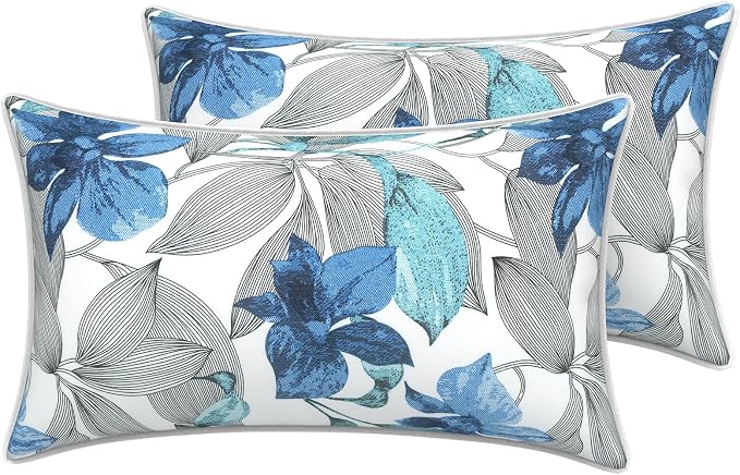 LVTXIII 2 Pack Outdoor Lumbar Pillow Covers 12x20 Inch with Piping, Water-Repellent Back Cushion Covers ONLY for Patio Furniture, Sofa, Garden Bench, Clemens Noir Blue
