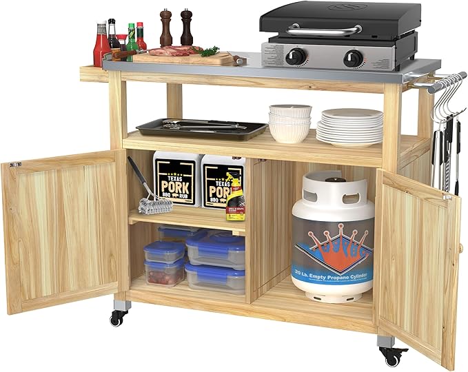 GDLF Outdoor Storage Cabinet Wood Outdoor Kitchen Prep Grill Table with Stainless Steel Top Waterproof Cover (Natural Wood Color)