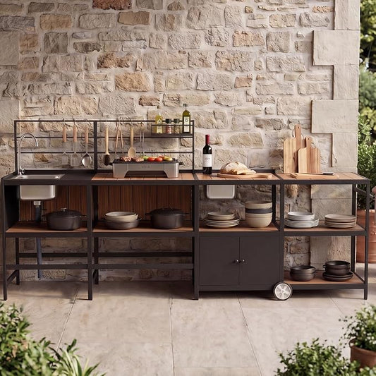 Modular Outdoor Kitchen Island with Sink, 4Pcs Aluminum Outdoor Kitchen Kit | Aluminum Frame, Weatherproof, Modular Grill Cart & Ice box, Large Countertop & Wall Hanging Design, For Patio BBQ, Party