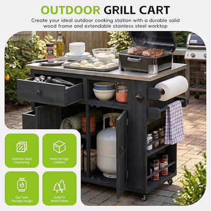 Outdoor Kitchen Island with Stainless Steel Top, Extendable Solid Wood Grill Cart on Wheels, Mobile BBQ Prep Table with Storage Cabinet and Spice Rack for Patio Backyard,