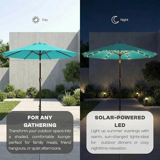 10FT Solar Lighted Patio Umbrella, Outdoor Table Market Umbrellas with Push Button Tilt and Crank, 32 LED Lights, 8 Sturdy Ribs, UV-Resistant for Deck, Garden, Pool