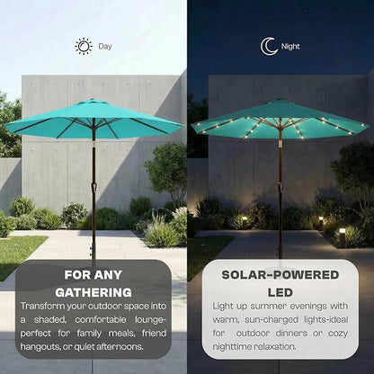 11FT Solar Lighted Patio Umbrella, Outdoor Table Market Umbrellas with Crank Lift, 32 LED Lights, 8 Sturdy Ribs, UV-Resistant for Deck, Garden, Pool