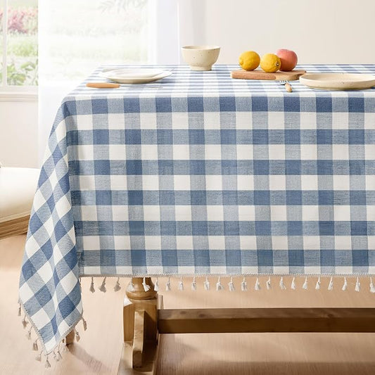 Softalker Checkered Tablecloth Rectangle, Outdoor Linen Cotton Gingham Table Cloth with Tassel, Heavy Duty Wrinkle Free Buffalo Plaid Table Cover for Kitchen Dining Summer Party - 55 x 84 Inch, Blue