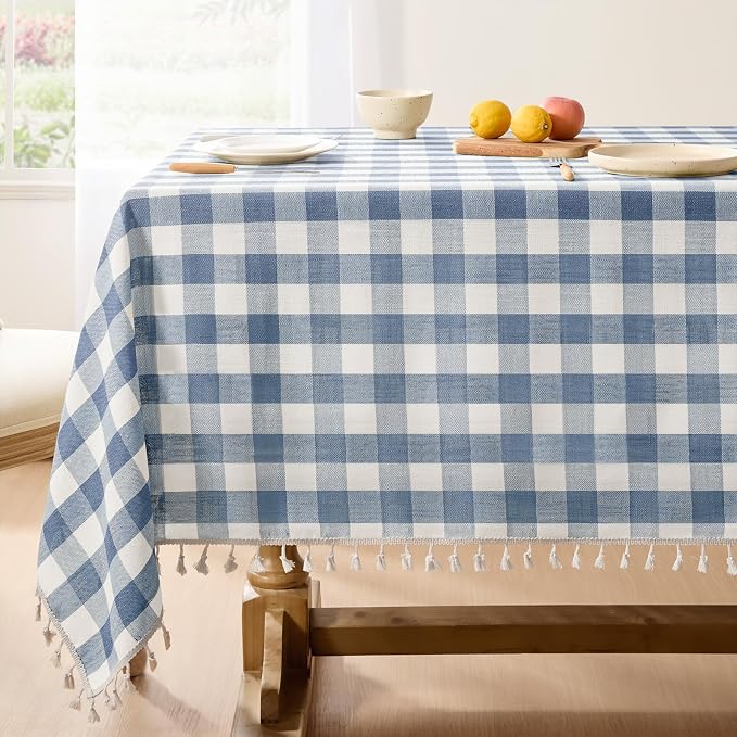 Softalker Checkered Tablecloth Rectangle, Outdoor Linen Cotton Gingham Table Cloth with Tassel, Heavy Duty Wrinkle Free Buffalo Plaid Table Cover for Kitchen Dining Summer Party - 55 x 102 Inch, Blue