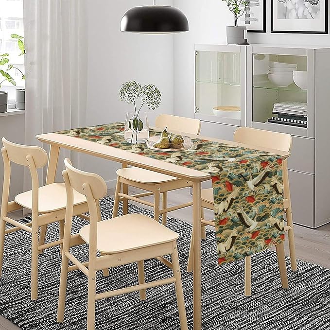 Japanese Crane Table Runner Oriental Vintage Asian Chinese Red-Crowned Crane Birds Koi Fish Traditional Dinner Runner for Home Kitchen Dining Table Holiday Party 13x70in