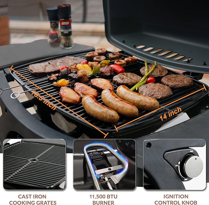 MASTER COOK Single Burner Propane Gas Grill, 11,500 BTU Portable Tabletop Barbecue Grill with Cart for Patio, Camping, Travel