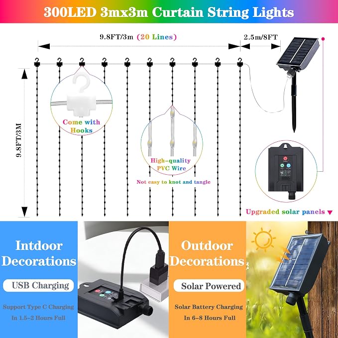 Solar Curtain Lights Outdoor Waterproof, 300LED 9.8x9.8FT Fairy String Lights with USB-C & Solar Charging, Remote Timer Twinkle Waterfall Lights for Patio Garden Wedding Decor (Colorful)