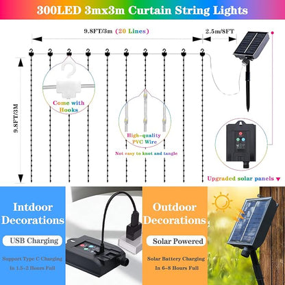 Solar Curtain Lights Outdoor Waterproof, 300LED 9.8x9.8FT Fairy String Lights with USB-C & Solar Charging, Remote Timer Twinkle Waterfall Lights for Patio Garden Wedding Decor (Colorful)