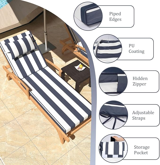 Chaise Lounge Cushions Outdoor Set of 2 Lounge Chair Cushion 80" L x 26" W with Headrest Straps 3'' Thick Waterproof Patio Chaise Cushions Pool Lounger Chair Cushion(Blue Stripe)