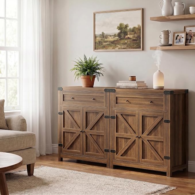 YESHOMY Kitchen Storage Cabinet, Coffee Bar Cabinet, Farmhouse Sideboard Buffet with Storage, Barn Door Accent Cabinet with a Drawer and Adjustable Shelf for Dining Room, Entryway, Rustic Brown, 2 PCS