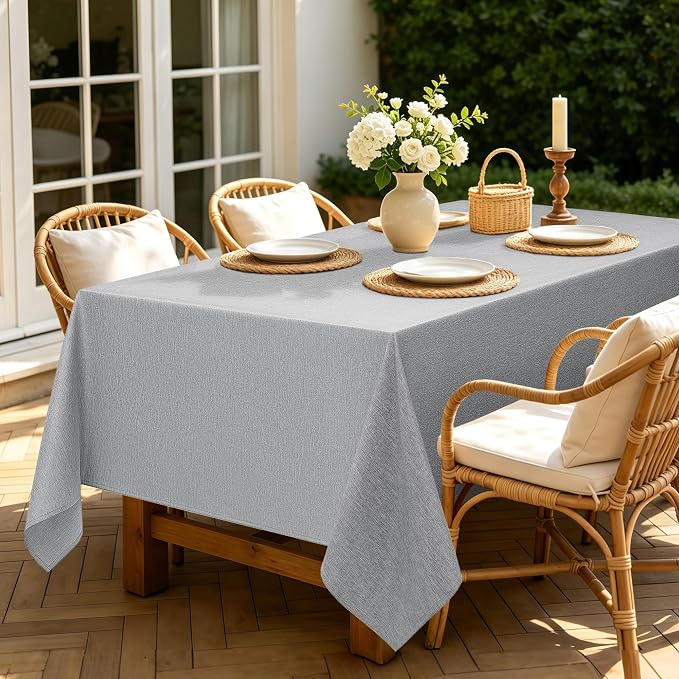 Decorelia Faux Linen Farmhouse Table Cloth 60"x84" for 4-6 ft Rectangle Table, Cool Grey Waterproof Outdoor Washable Cloth Tablecloth for Rectangular Dining Room Kitchen Outdoor Party Restaurant Table