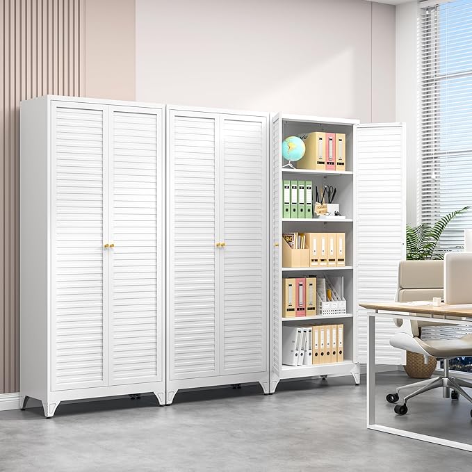 Polup 75" Kitchen Pantry Cabinet, White Metal Storage Cabinet with Doors and 4 Adjustable Shelves, Tall Metal Pantry Cabinets, Large Cupboard for Kitchen, Dining Living Room, Bathroom, Office
