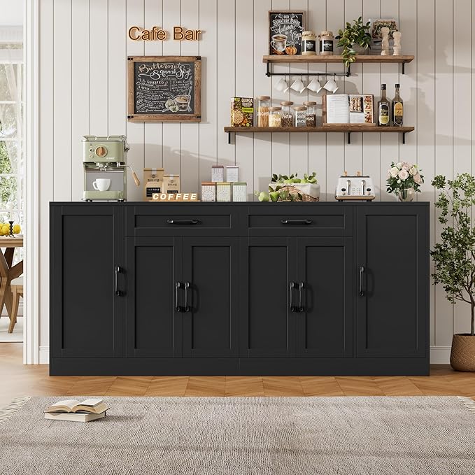 71” Large Buffet Cabinet with Storage, Sideboard Buffet Cabinet with Adjustable Shelves and 6 Soft-Close Doors, Wood Coffee Bar Console Table for Kitchen, Dining Room, Black | Sideboard 6 Soft-Close Doors, Wood Coffee Bar Console Table for Kitchen, Din...