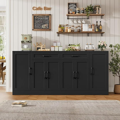 71” Large Buffet Cabinet with Storage, Sideboard Buffet Cabinet with Adjustable Shelves and 6 Soft-Close Doors, Wood Coffee Bar Console Table for Kitchen, Dining Room, Black | Sideboard 6 Soft-Close Doors, Wood Coffee Bar Console Table for Kitchen, Din...