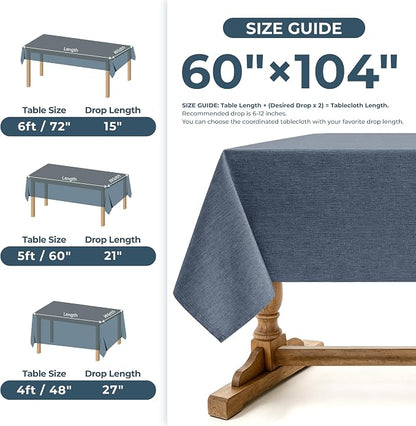 Decorelia Faux Linen Farmhouse Table Cloth 60"x104" for 6 ft Rectangle Table, Denim Blue Waterproof Outdoor Washable Cloth Tablecloth for Rectangular Dining Room Kitchen Outdoor Party Restaurant Decor