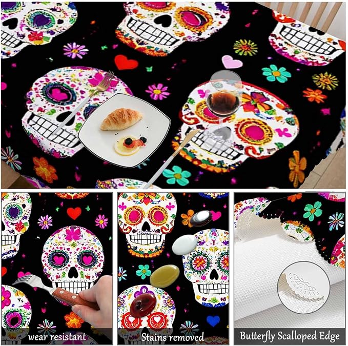 Swono Day of The Dead Table Cover Tablecloth, Colorful Mexican Sugar Skulls 50x72 Inch Table Cloth for Rectangle Tables Buffet Parties Coffee BBQ and Dinning Tablecloth