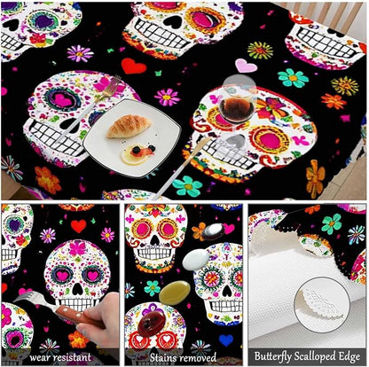 Swono Day of The Dead Table Cover Tablecloth, Colorful Mexican Sugar Skulls 50x72 Inch Table Cloth for Rectangle Tables Buffet Parties Coffee BBQ and Dinning Tablecloth