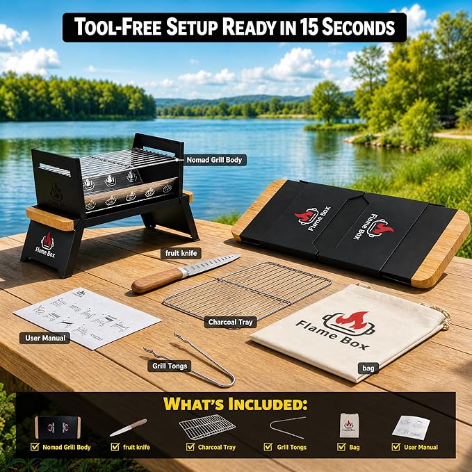 Nomad Portable Charcoal Grill – Ultra-Slim Folding BBQ for Outdoor Cooking, Camping & Travel | 304 Stainless Steel, Heat-Resistant Wood Handles, 3-sec Setup, Ready to serve 3-4 people