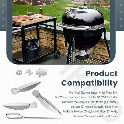 22-1/2-Inch One-Touch Cleaning System Kit, Compatible with Weber Grill Parts, 7444 Weber Kettle Grills - for Grill Bottom, Grill Damper Air Amount Control and Kettle ash Clean-Out, Silver. (2)