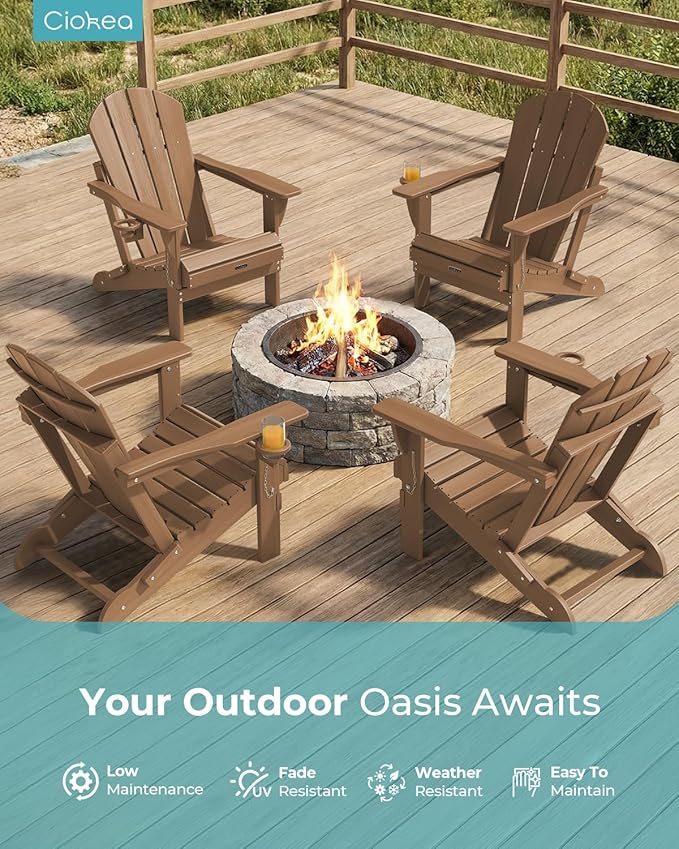 Ciokea Folding Adirondack Chair 2 Pack, Patio Adirondack Chair Weather Resistant, Plastic Fire Pit Chair with Cup Holder, Lawn Chair for Outdoor Porch Garden Backyard Deck (Teak)