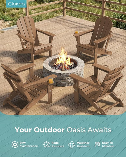 Ciokea Folding Adirondack Chair 2 Pack, Patio Adirondack Chair Weather Resistant, Plastic Fire Pit Chair with Cup Holder, Lawn Chair for Outdoor Porch Garden Backyard Deck (Teak)