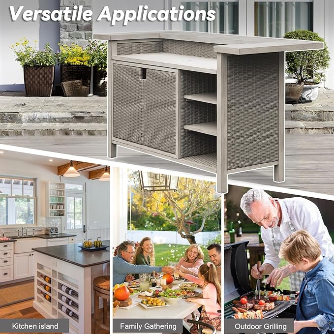 Domi Outdoor Home Bar Unit, All-Weather Wicker & Aluminum Frame Farmhouse Bar Furniture with Storage, Waterproof Rattan Buffet Table with Shelves and Cabinet, Easy-to-Clean for Patio Kitchen