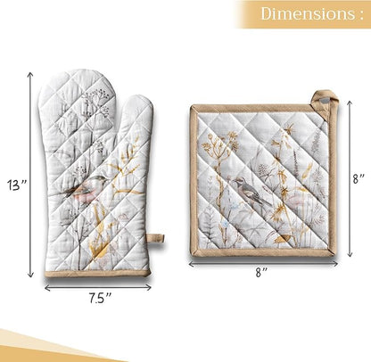 Maison d' Hermine 100% Cotton Oven Mitt & Pot Holder Set (7.5"x13" & 8"x8") Heat Resistant BBQ Cooking Gloves with Loop Baking Kitchen Hotel Home Farmhouse Spring Summer (Meadow Florals - Beige)