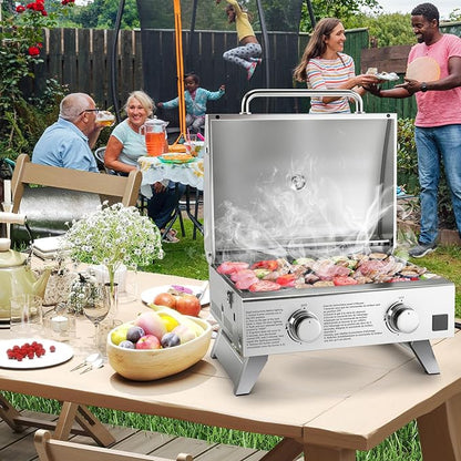HAPPYGRILL Portable Gas Grill with 2-Burner, 20,000 BTU Total Stainless Steel Tabletop Propane Grill w/Handle, Built-in Thermometer & Extra Flame Rod, Foldable Legs for Outdoor RV BBQ Picnic