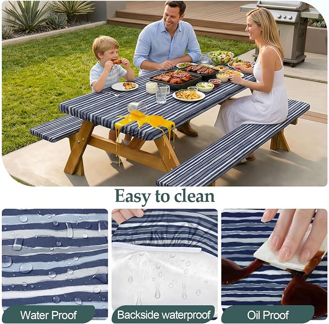 Picnic Table Cover Bench Covers Camping Essentials Tablecloth | Waterproof Vinyl for Outdoor, Windproof Elastic Fitted Edges, RV BBQ Accessories Must Haves, Storage Bag Included
