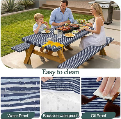 Picnic Table Cover Bench Covers Camping Essentials Tablecloth | Waterproof Vinyl for Outdoor, Windproof Elastic Fitted Edges, RV BBQ Accessories Must Haves, Storage Bag Included