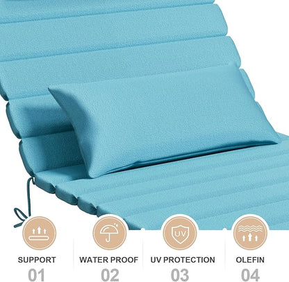 2 Sets of Outdoor Water-Resistant Olefin Chaise Lounge Cushions with Headrest and Pillow, Weather and Fade Resistant Foldable Quilted Lounge Chair Pads with Straps, Turquoise, 73" L x 22" W