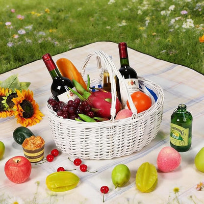 Wicker Picnic Basket 15"x11"x7" Insulated Liner Blue White Stars | Insulated Zip Liner Helps Keep Drinks and Snacks Cool, Sturdy Woven Basket Suits Parks, Camping, Holidays and Gift Giving
