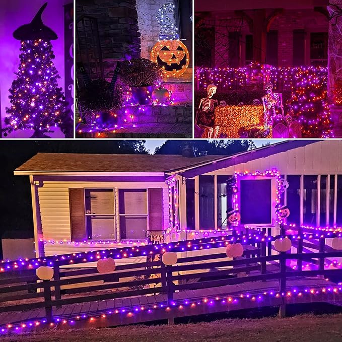 Solar Halloween String Lights, Orange Purple 200Led, Outdoor | 2 Pack Total 400Led 144Ft 8 Mode, IP44 Waterproof Outside Fairy Lights for Tree, Garden, Patio, Lawn, Yard Decorations