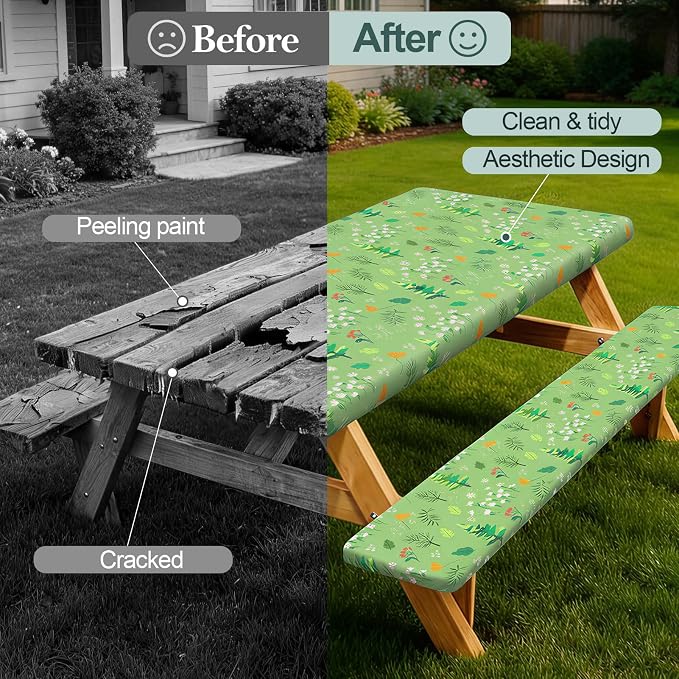 Picnic Table Cover Bench Covers Camping Essentials Tablecloth | Waterproof Vinyl for Outdoor, Windproof Elastic Fitted Edges, RV BBQ Accessories Must Haves, Storage Bag Included