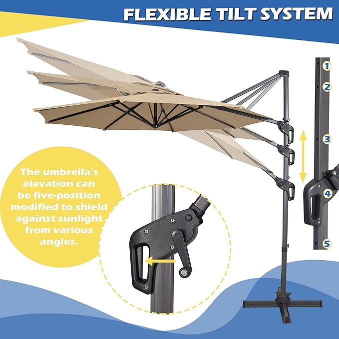 Sunnyglade 10Ft Cantilever Patio Umbrella, 360° Rotation & Integrated Tilting System Offset Umbrella with 8 Sturdy Ribs, Fade-resistant & Waterproof for Garden Backyard Poolside Deck